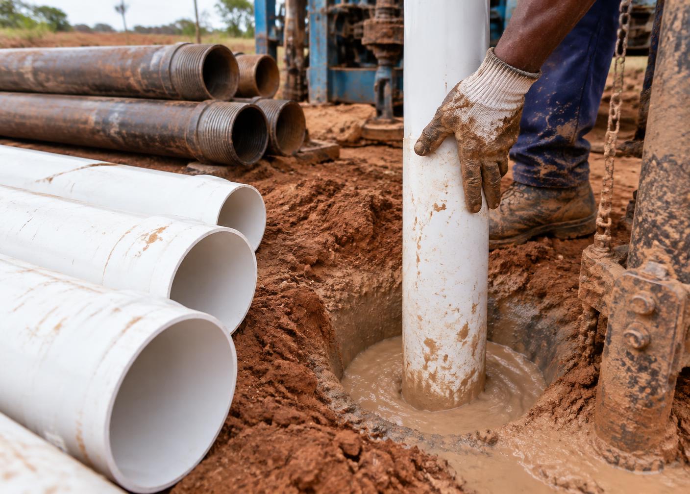 PVC and steel borehole casing pipes at a drilling site