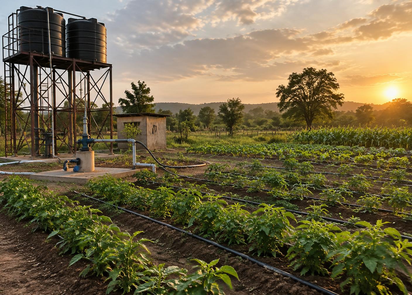 Drip irrigation lines running across a farm plot fed by a borehole