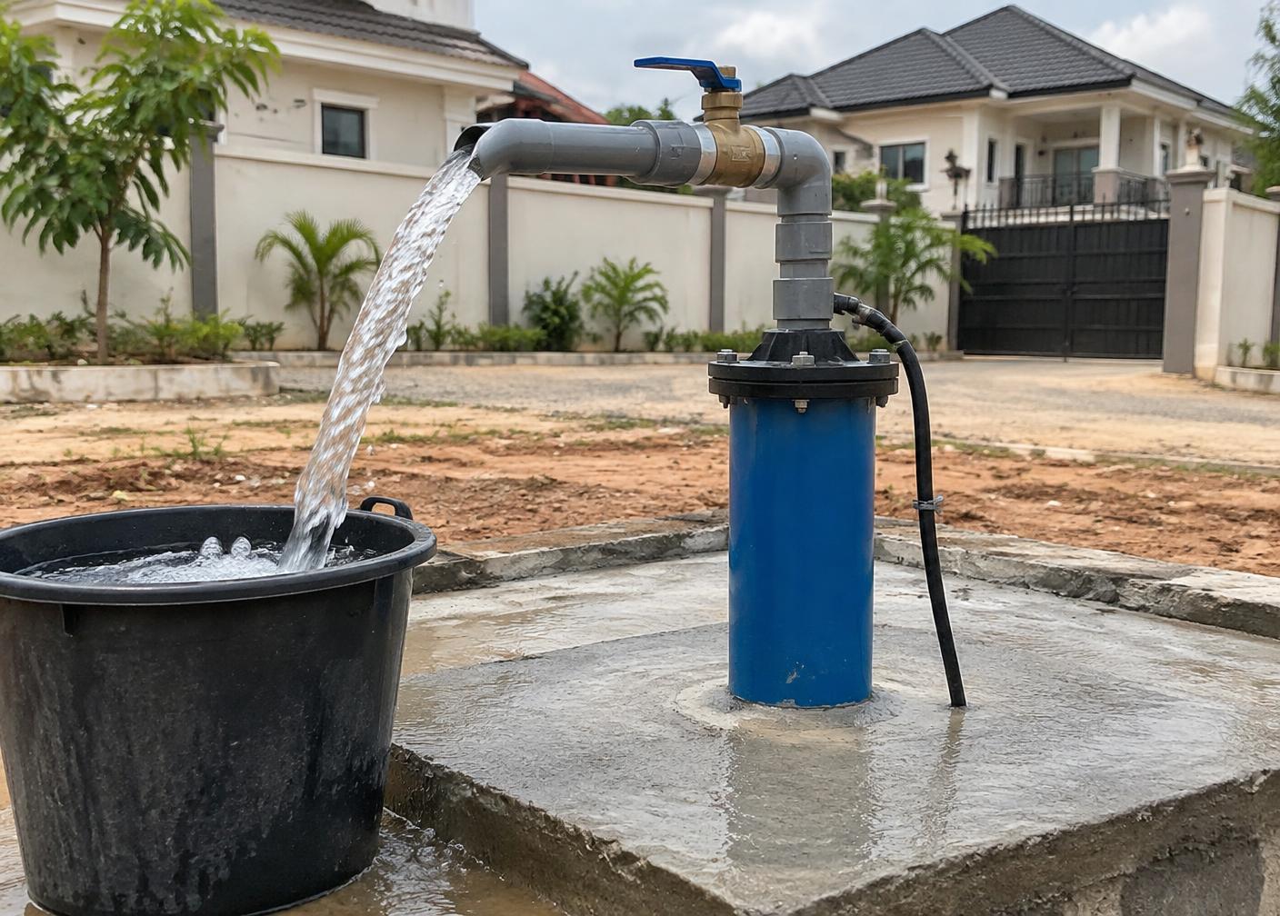 Completed borehole wellhead with pump pipework delivering clear water